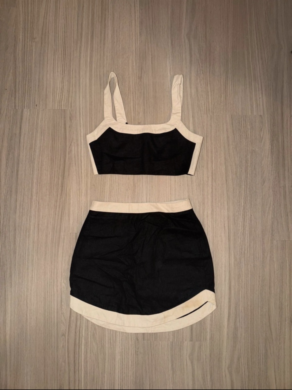 Contrast-Trim Black and Cream Mini Skirt Set